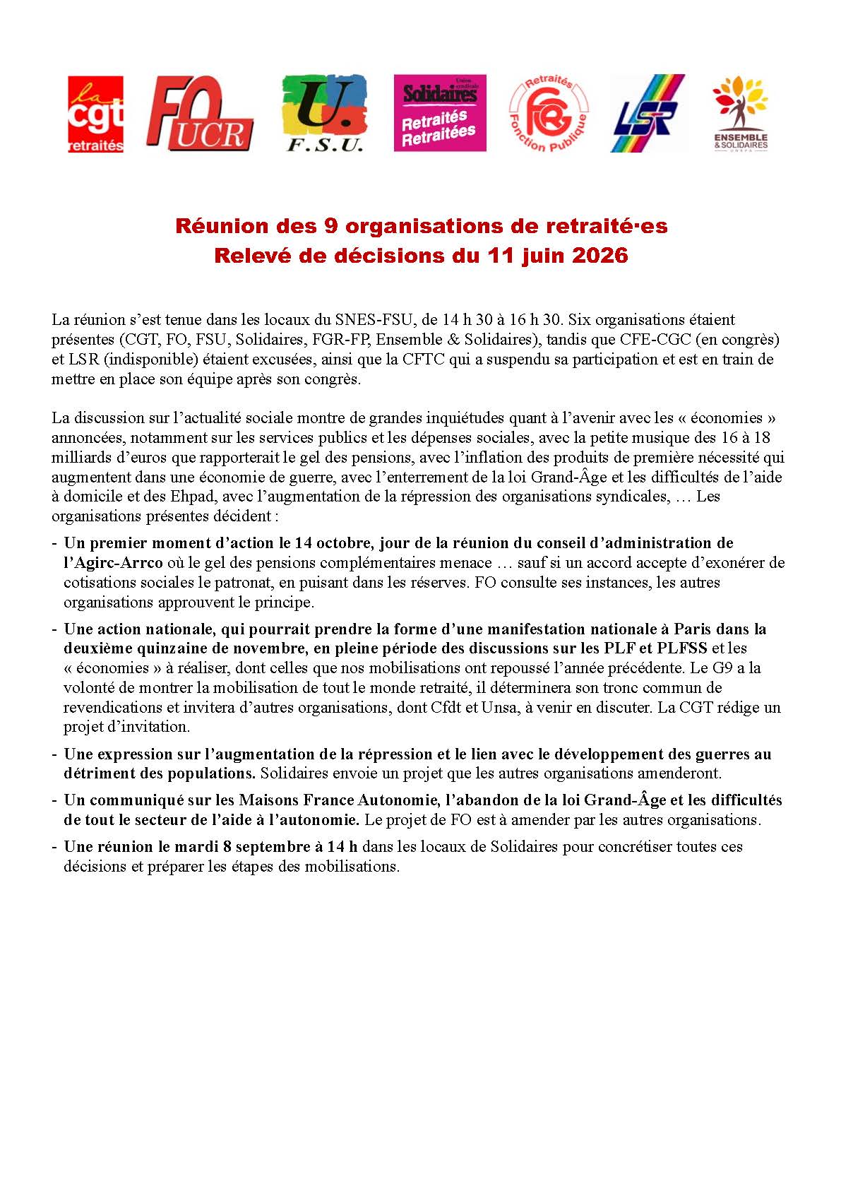Decisions du G9 le 11 juin 26