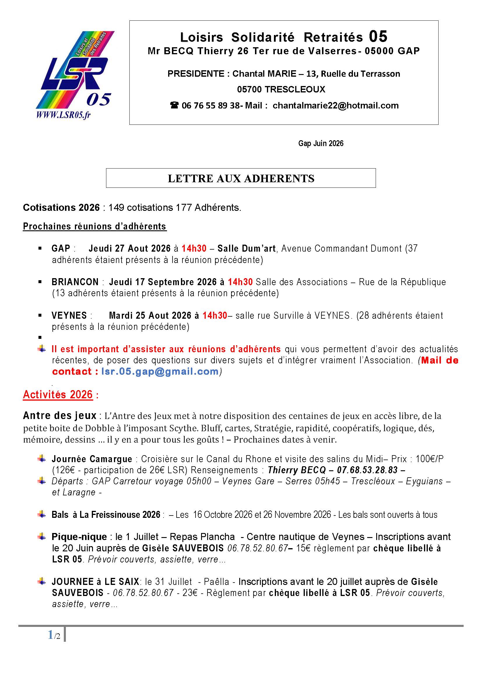 Lettre adhérent juin 2026 Page 1