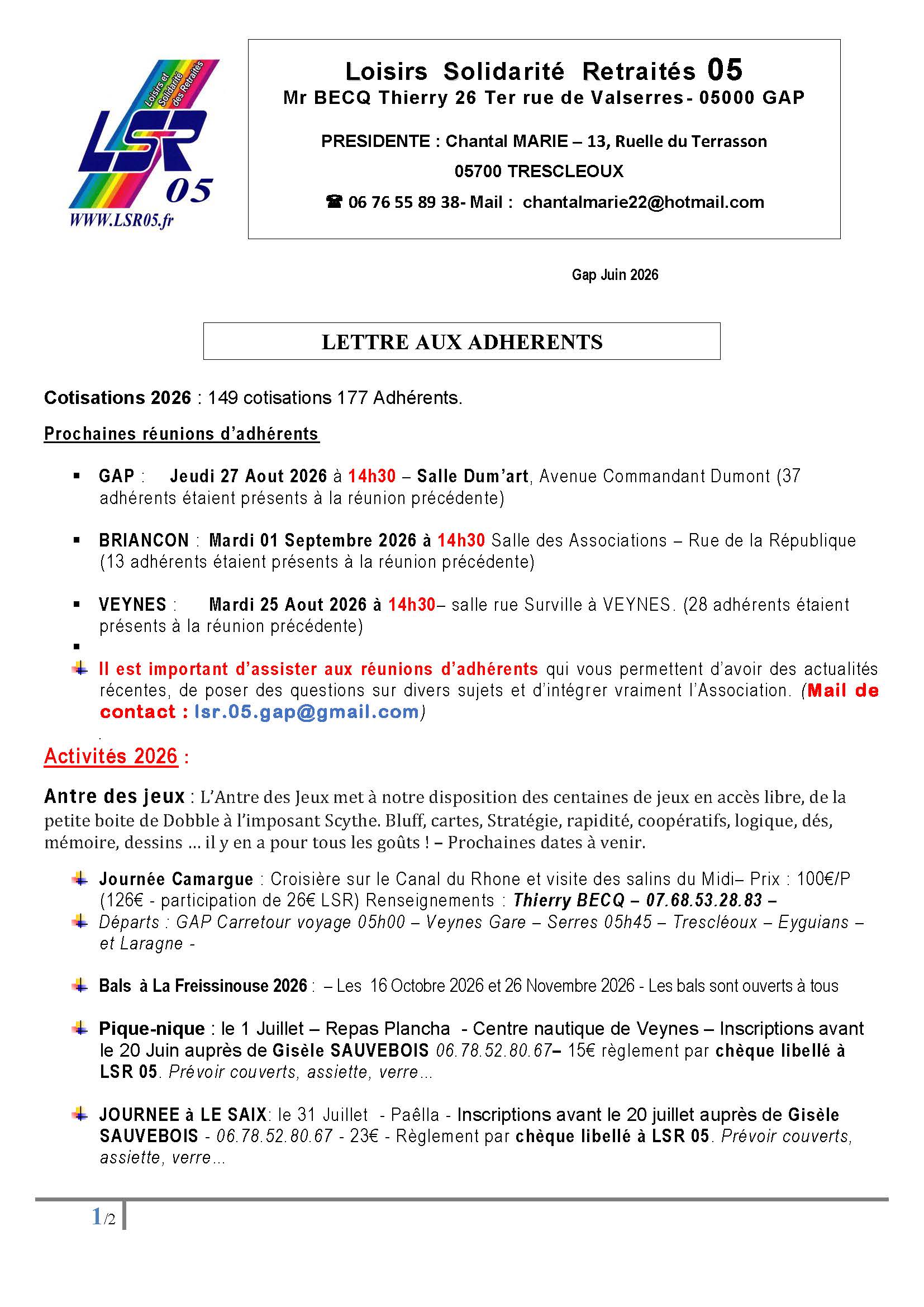Lettre adhérent juin 2026 Page 1 